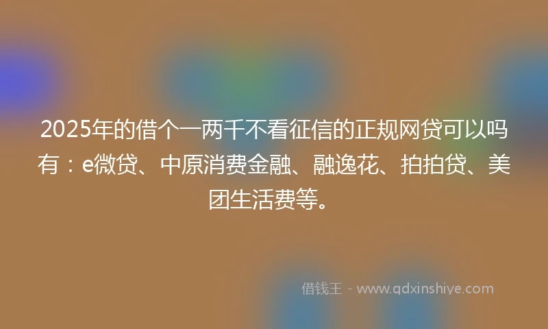 2025年的借个一两千不看征信的正规网贷可以吗有：e微贷、中原消费金融、融逸花、拍拍贷、美团生活费等。