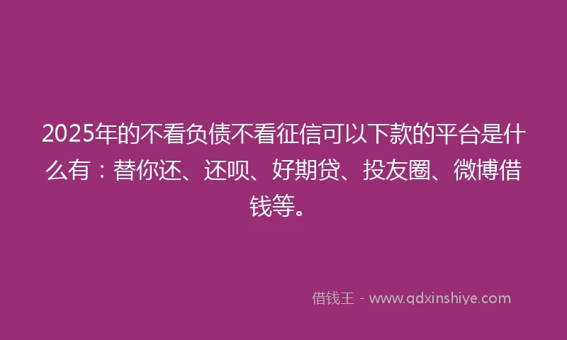 2025年的不看负债不看征信可以下款的平台是什么有：替你还、还呗、好期贷、投友圈、微博借钱等。
