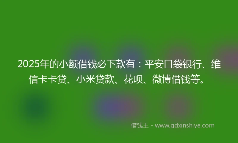 2025年的小额借钱必下款有：平安口袋银行、维信卡卡贷、小米贷款、花呗、微博借钱等。