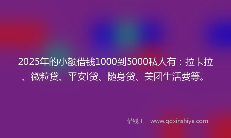 2025年的小额借钱1000到5000私人有：拉卡拉、微粒贷、平安i贷、随身贷、美团生活费等。