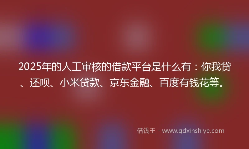 2025年的人工审核的借款平台是什么有：你我贷、还呗、小米贷款、京东金融、百度有钱花等。