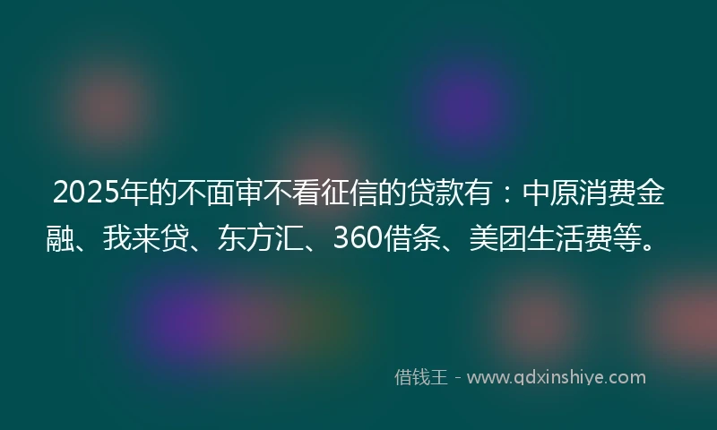 2025年的不面审不看征信的贷款有：中原消费金融、我来贷、东方汇、360借条、美团生活费等。