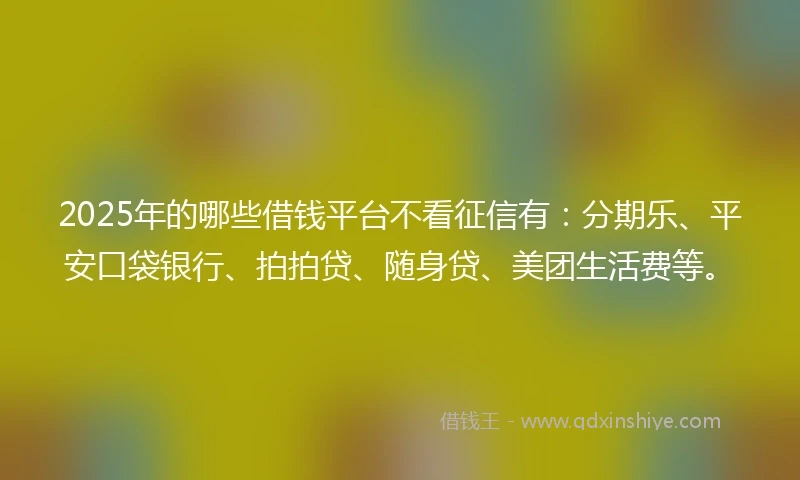 2025年的哪些借钱平台不看征信有：分期乐、平安口袋银行、拍拍贷、随身贷、美团生活费等。
