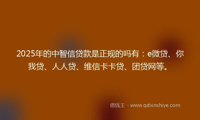 2025年的中智信贷款是正规的吗有：e微贷、你我贷、人人贷、维信卡卡贷、团贷网等。