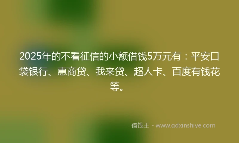 2025年的不看征信的小额借钱5万元有：平安口袋银行、惠商贷、我来贷、超人卡、百度有钱花等。