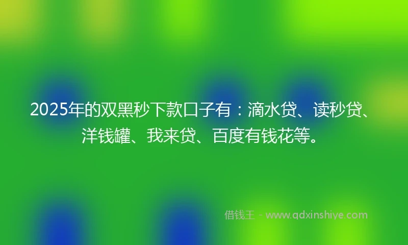 2025年的双黑秒下款口子有：滴水贷、读秒贷、洋钱罐、我来贷、百度有钱花等。