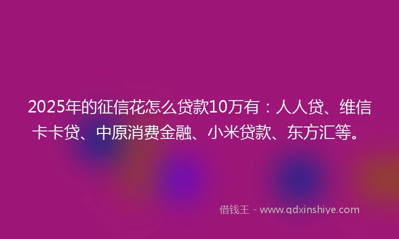 2025年的征信花怎么贷款10万有：人人贷、维信卡卡贷、中原消费金融、小米贷款、东方汇等。