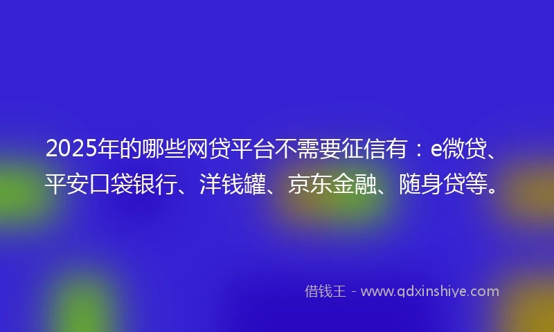 2025年的哪些网贷平台不需要征信有：e微贷、平安口袋银行、洋钱罐、京东金融、随身贷等。