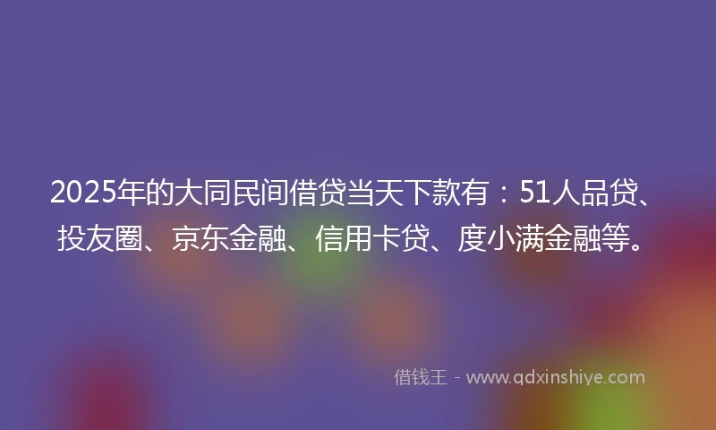 2025年的大同民间借贷当天下款有：51人品贷、投友圈、京东金融、信用卡贷、度小满金融等。