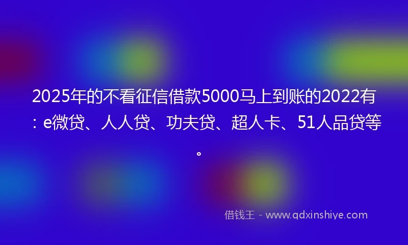 2025年的不看征信借款5000马上到账的2022有：e微贷、人人贷、功夫贷、超人卡、51人品贷等。