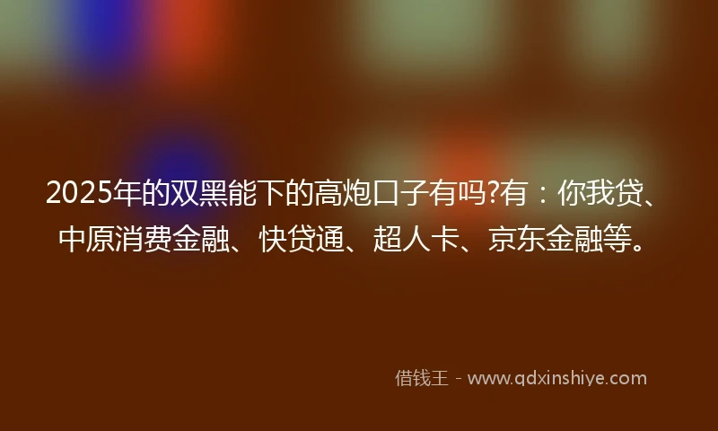 2025年的双黑能下的高炮口子有吗?有：你我贷、中原消费金融、快贷通、超人卡、京东金融等。
