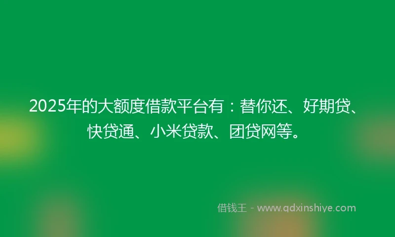 2025年的大额度借款平台有：替你还、好期贷、快贷通、小米贷款、团贷网等。