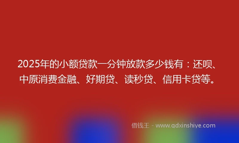 2025年的小额贷款一分钟放款多少钱有：还呗、中原消费金融、好期贷、读秒贷、信用卡贷等。