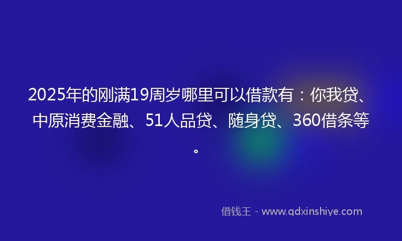 2025年的刚满19周岁哪里可以借款有：你我贷、中原消费金融、51人品贷、随身贷、360借条等。