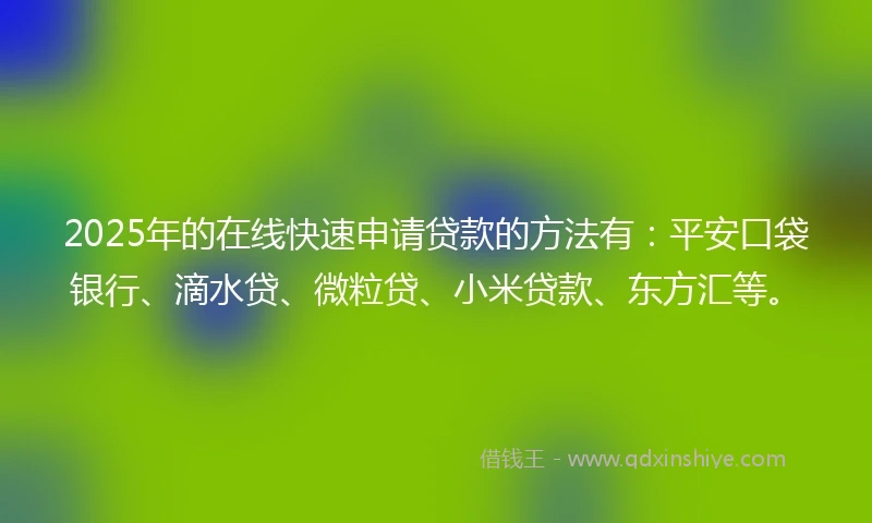 2025年的在线快速申请贷款的方法有：平安口袋银行、滴水贷、微粒贷、小米贷款、东方汇等。