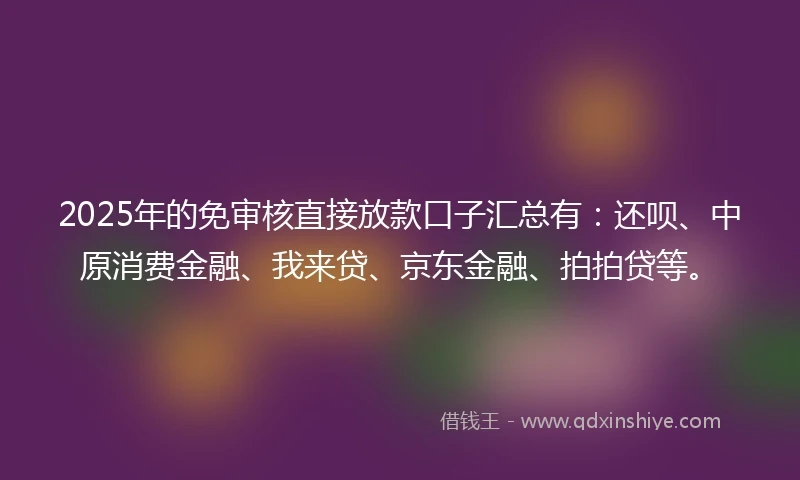 2025年的免审核直接放款口子汇总有：还呗、中原消费金融、我来贷、京东金融、拍拍贷等。