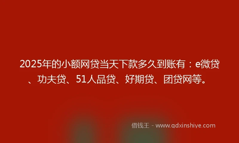 2025年的小额网贷当天下款多久到账有：e微贷、功夫贷、51人品贷、好期贷、团贷网等。