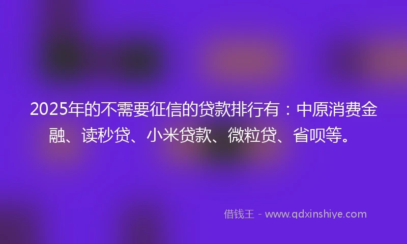 2025年的不需要征信的贷款排行有：中原消费金融、读秒贷、小米贷款、微粒贷、省呗等。