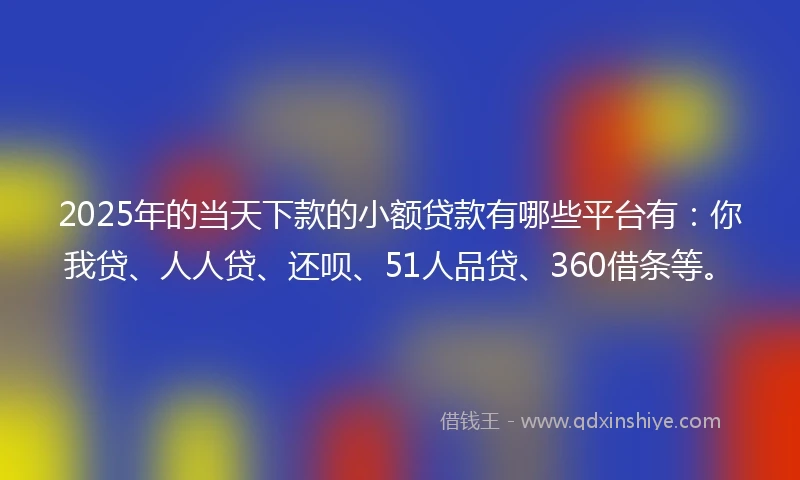 2025年的当天下款的小额贷款有哪些平台有：你我贷、人人贷、还呗、51人品贷、360借条等。
