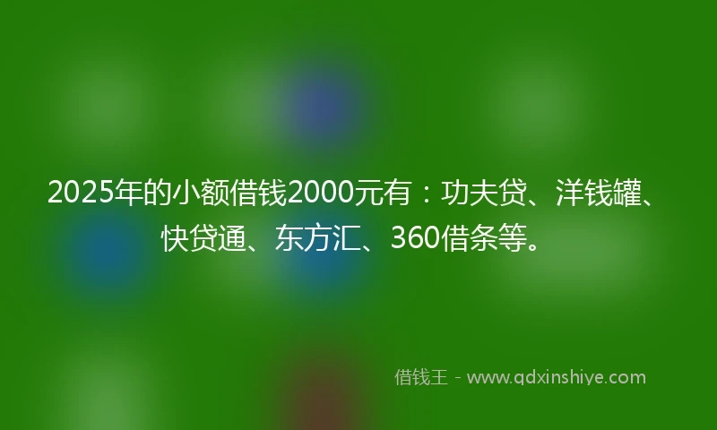 2025年的小额借钱2000元有：功夫贷、洋钱罐、快贷通、东方汇、360借条等。