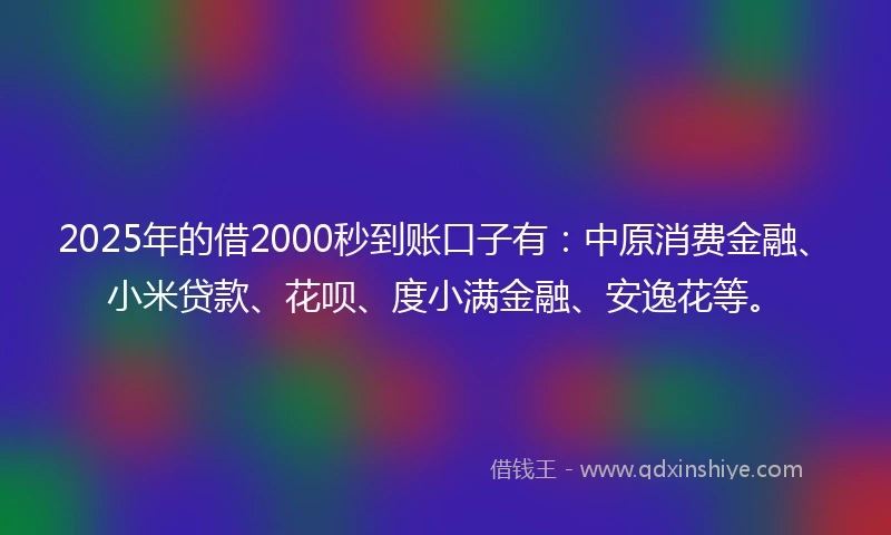 2025年的借2000秒到账口子有：中原消费金融、小米贷款、花呗、度小满金融、安逸花等。