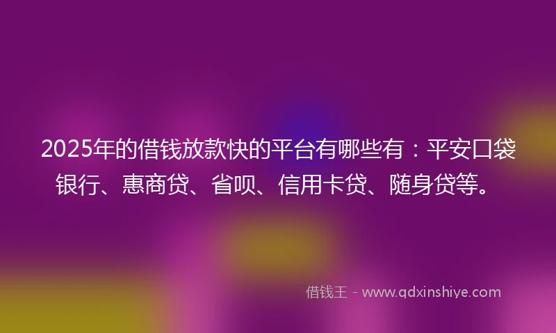 2025年的借钱放款快的平台有哪些有：平安口袋银行、惠商贷、省呗、信用卡贷、随身贷等。