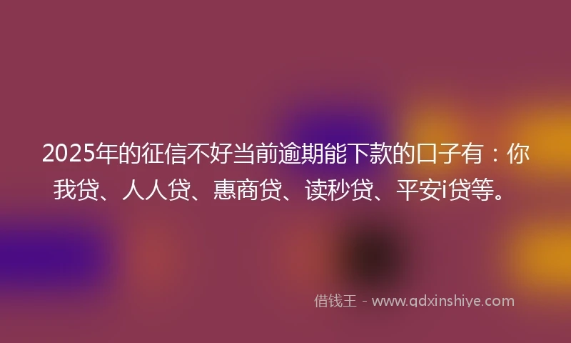 2025年的征信不好当前逾期能下款的口子有：你我贷、人人贷、惠商贷、读秒贷、平安i贷等。