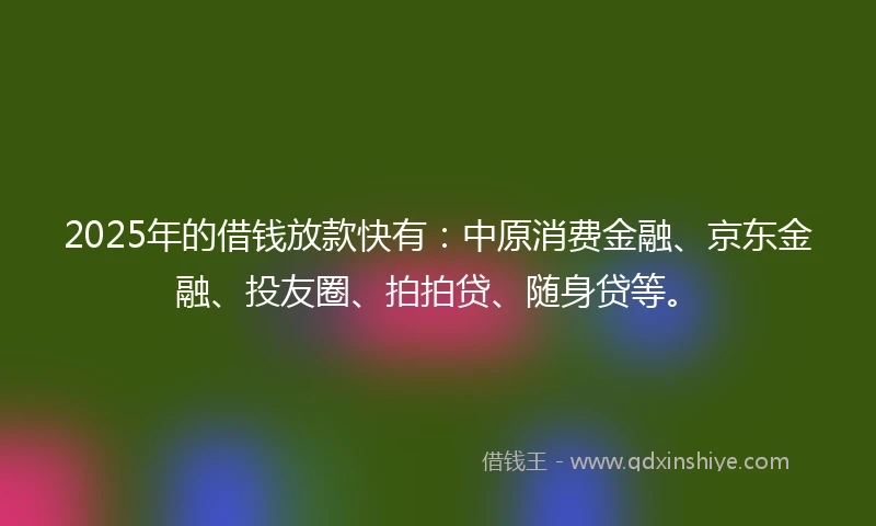 2025年的借钱放款快有：中原消费金融、京东金融、投友圈、拍拍贷、随身贷等。