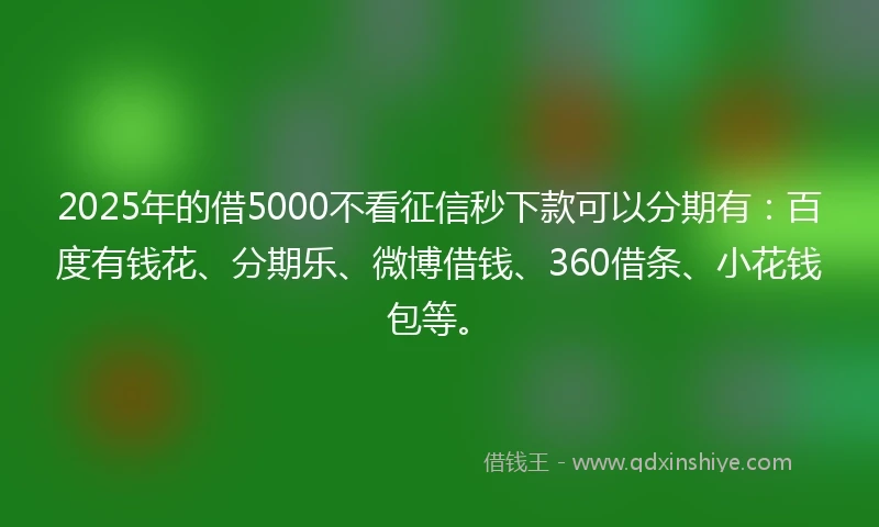 2025年的借5000不看征信秒下款可以分期有：百度有钱花、分期乐、微博借钱、360借条、小花钱包等。
