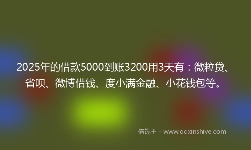 2025年的借款5000到账3200用3天有：微粒贷、省呗、微博借钱、度小满金融、小花钱包等。