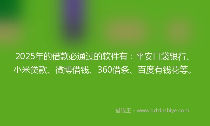 2025年的借款必通过的软件有：平安口袋银行、小米贷款、微博借钱、360借条、百度有钱花等。