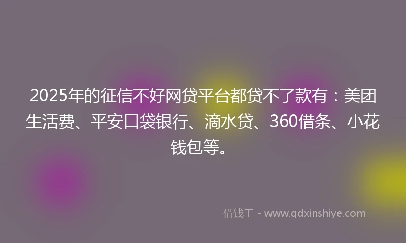 2025年的征信不好网贷平台都贷不了款有：美团生活费、平安口袋银行、滴水贷、360借条、小花钱包等。