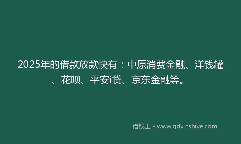 2025年的借款放款快有：中原消费金融、洋钱罐、花呗、平安i贷、京东金融等。