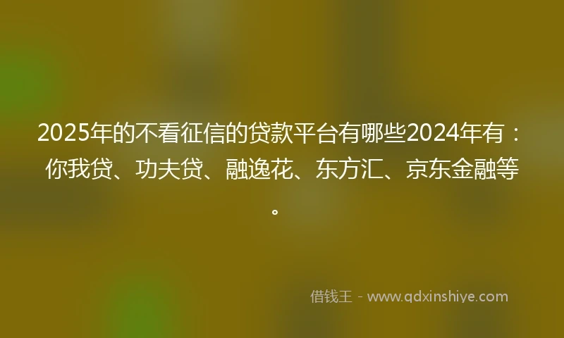 2025年的不看征信的贷款平台有哪些2024年有：你我贷、功夫贷、融逸花、东方汇、京东金融等。