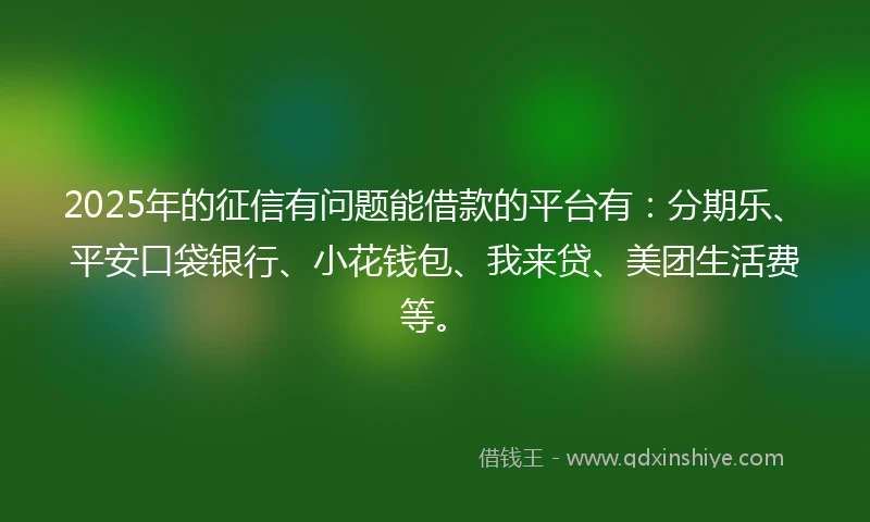 2025年的征信有问题能借款的平台有：分期乐、平安口袋银行、小花钱包、我来贷、美团生活费等。