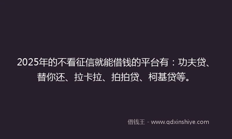 2025年的不看征信就能借钱的平台有：功夫贷、替你还、拉卡拉、拍拍贷、柯基贷等。