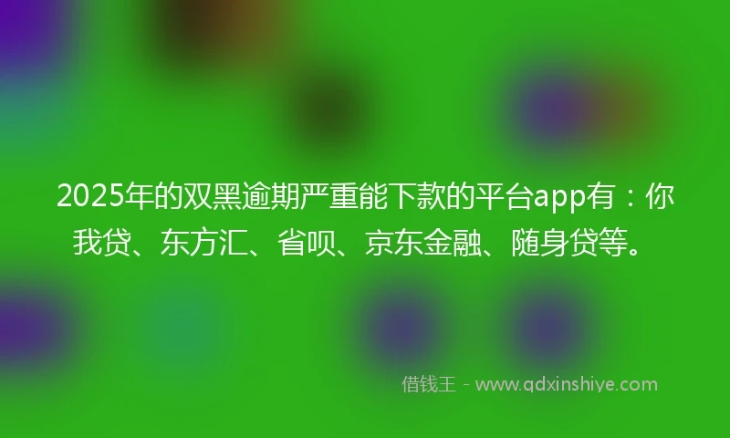 2025年的双黑逾期严重能下款的平台app有：你我贷、东方汇、省呗、京东金融、随身贷等。