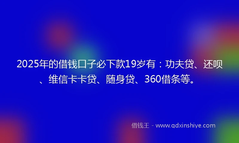2025年的借钱口子必下款19岁有：功夫贷、还呗、维信卡卡贷、随身贷、360借条等。