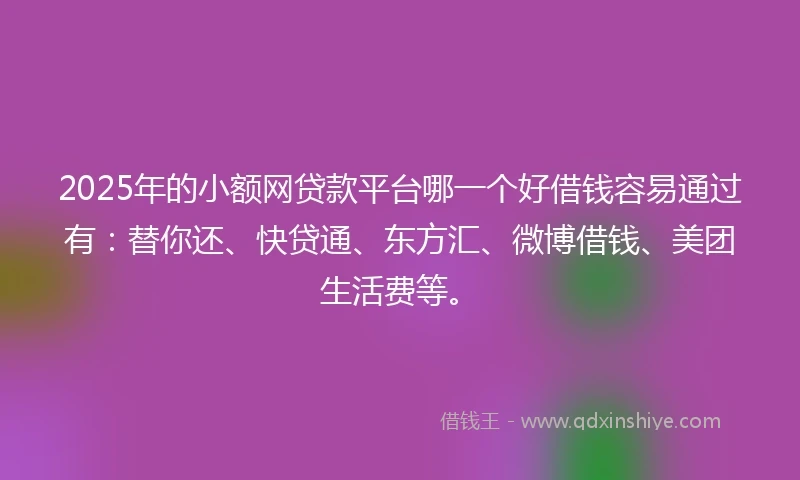 2025年的小额网贷款平台哪一个好借钱容易通过有：替你还、快贷通、东方汇、微博借钱、美团生活费等。