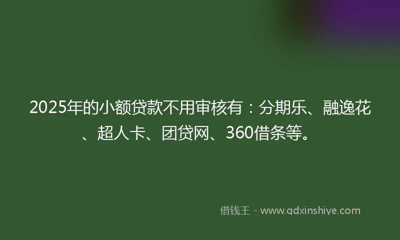 2025年的小额贷款不用审核有：分期乐、融逸花、超人卡、团贷网、360借条等。