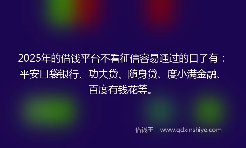 2025年的借钱平台不看征信容易通过的口子有：平安口袋银行、功夫贷、随身贷、度小满金融、百度有钱花等。