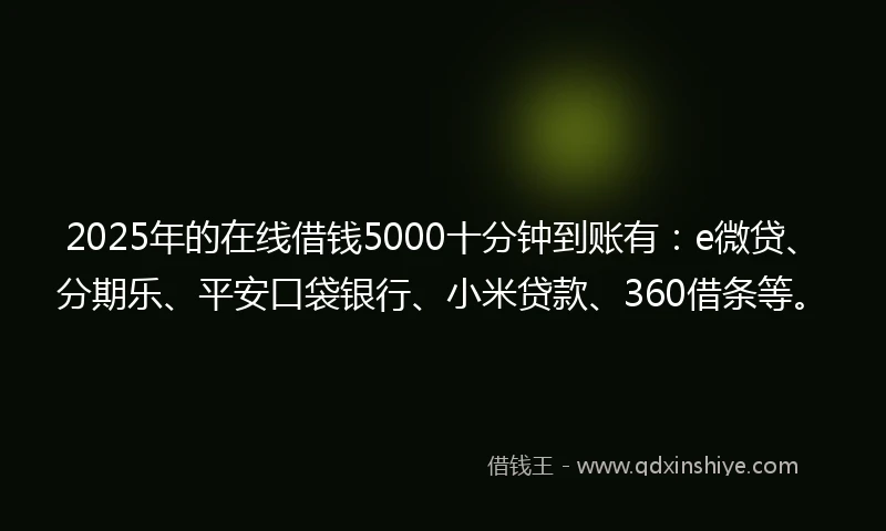 2025年的在线借钱5000十分钟到账有：e微贷、分期乐、平安口袋银行、小米贷款、360借条等。