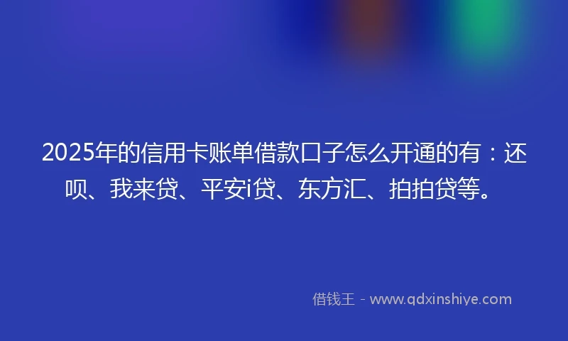 2025年的信用卡账单借款口子怎么开通的有:还呗、我来贷、平安i贷、东方汇、拍拍贷等。