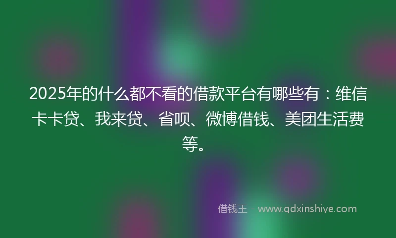 2025年的什么都不看的借款平台有哪些有：维信卡卡贷、我来贷、省呗、微博借钱、美团生活费等。