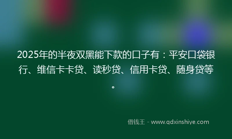 2025年的半夜双黑能下款的口子有：平安口袋银行、维信卡卡贷、读秒贷、信用卡贷、随身贷等。