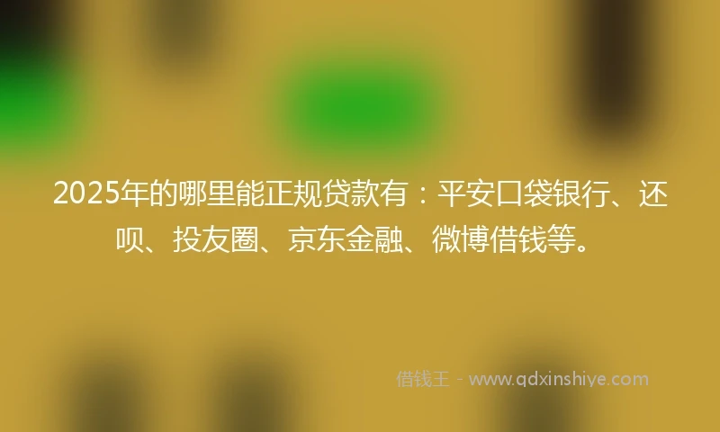 2025年的哪里能正规贷款有：平安口袋银行、还呗、投友圈、京东金融、微博借钱等。