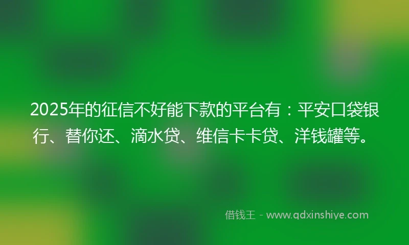 2025年的征信不好能下款的平台有：平安口袋银行、替你还、滴水贷、维信卡卡贷、洋钱罐等。