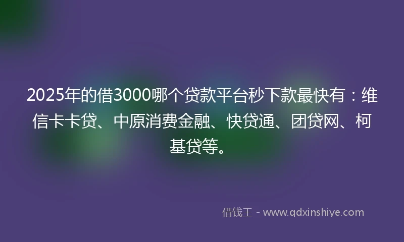 2025年的借3000哪个贷款平台秒下款最快有：维信卡卡贷、中原消费金融、快贷通、团贷网、柯基贷等。