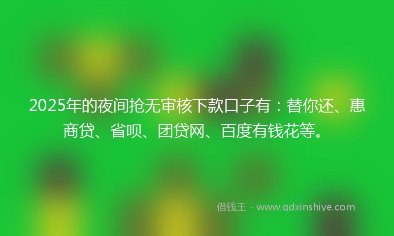 2025年的夜间抢无审核下款口子有：替你还、惠商贷、省呗、团贷网、百度有钱花等。