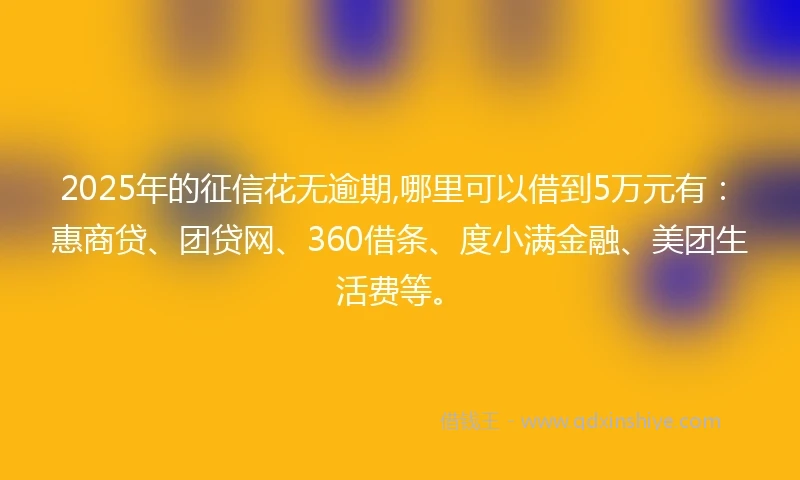 2025年的征信花无逾期,哪里可以借到5万元有：惠商贷、团贷网、360借条、度小满金融、美团生活费等。